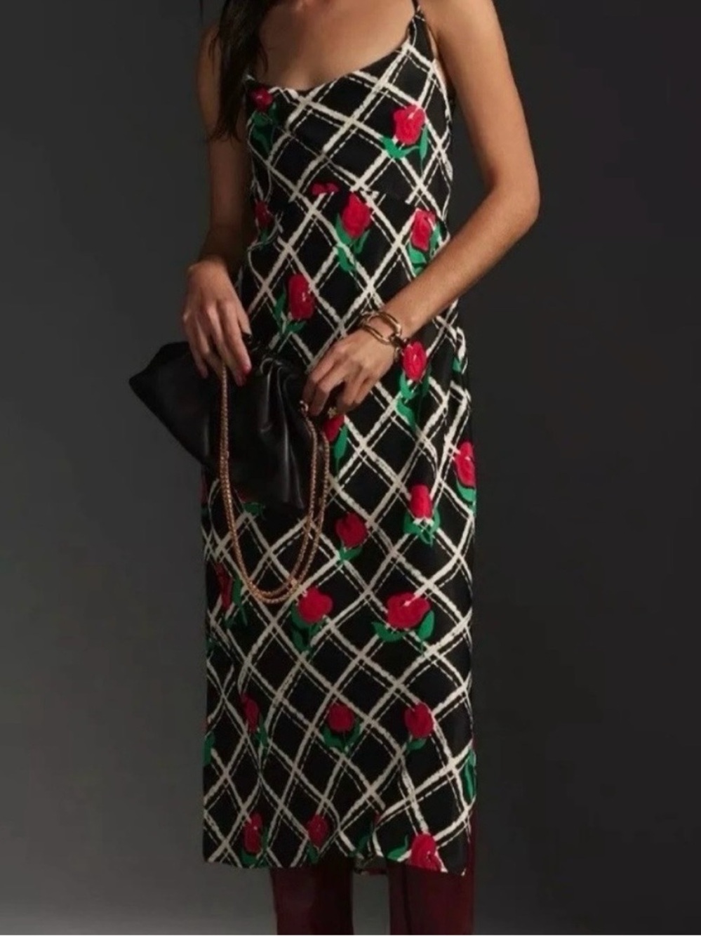 Anthropologie Black Midi Slip Dress with Red Rose Print - Picture 2 of 11